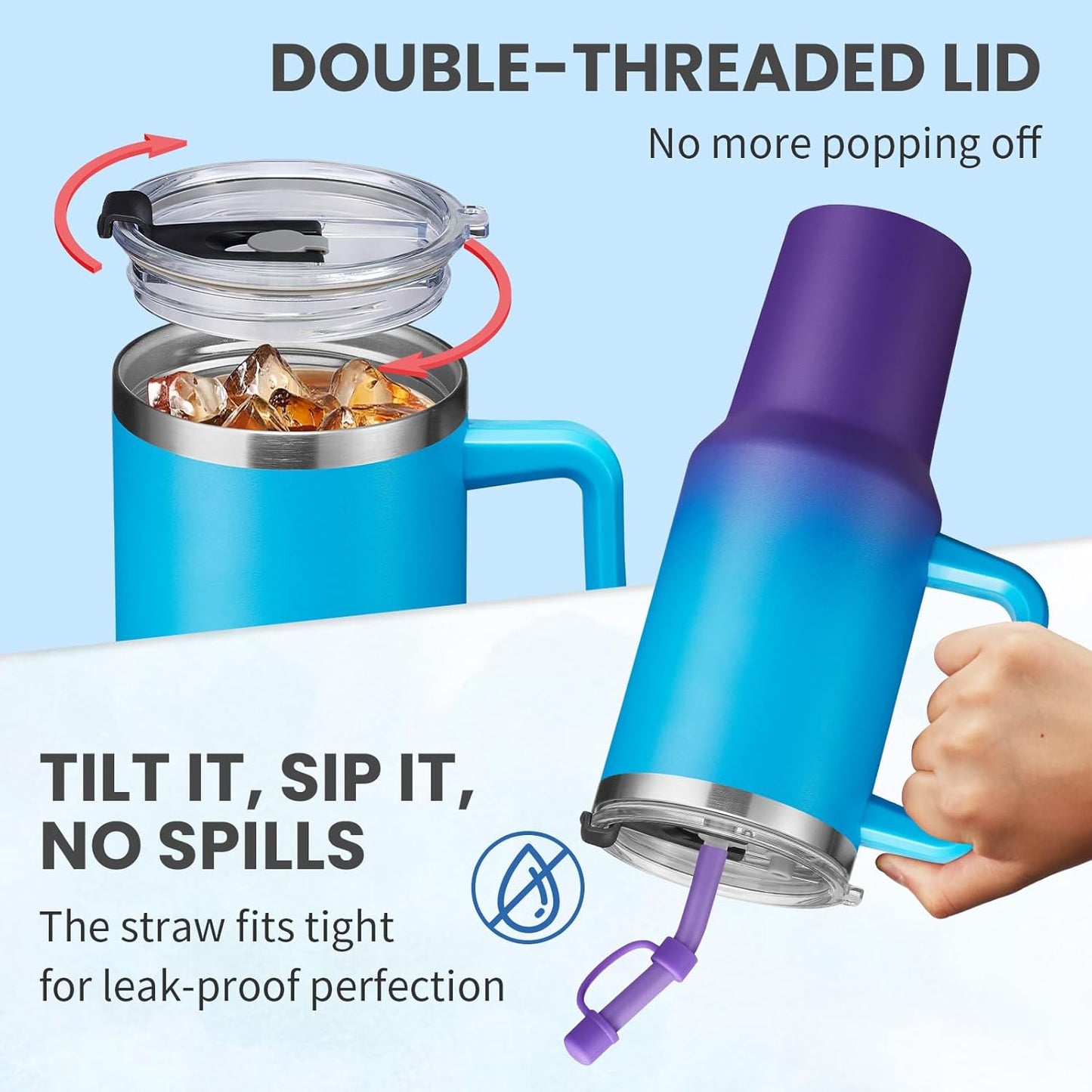 Tumbler with Lid and Straw 40oz Stainless Steel Tumblers with Protective Boot & Double Threaded Cap, Thermal Travel Coffee Mug Flask Keeps Cold-34 Hrs for Gym Office, Car Cupholder Friendly