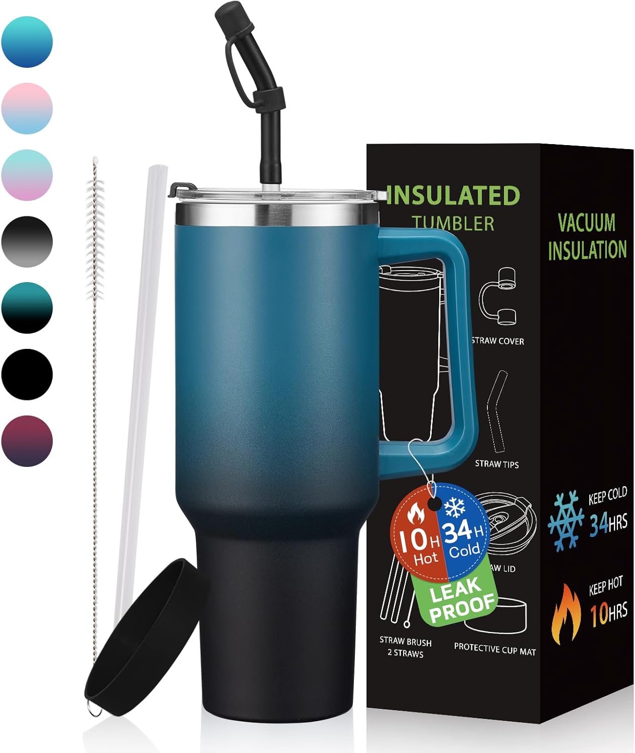 Tumbler with Lid and Straw 40oz Stainless Steel Tumblers with Protective Boot & Double Threaded Cap, Thermal Travel Coffee Mug Flask Keeps Cold-34 Hrs for Gym Office, Car Cupholder Friendly