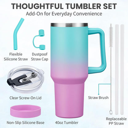 Tumbler with Lid and Straw 40oz Stainless Steel Tumblers with Protective Boot & Double Threaded Cap, Thermal Travel Coffee Mug Flask Keeps Cold-34 Hrs for Gym Office, Car Cupholder Friendly