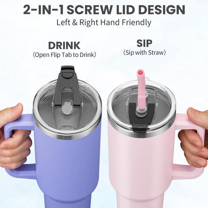Tumbler with Lid and Straw 40oz Stainless Steel Tumblers with Protective Boot & Double Threaded Cap, Thermal Travel Coffee Mug Flask Keeps Cold-34 Hrs for Gym Office, Car Cupholder Friendly