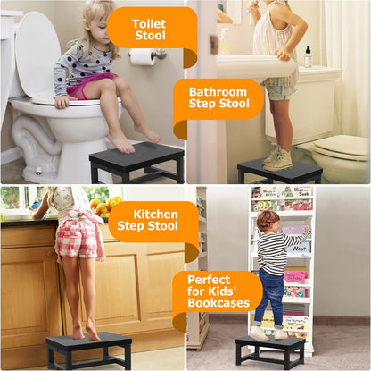 Wooden Step Stools for Adults Kids with Non-Slip Rubber Feet, Heavy Duty Stepping Stools with 500-LBS Capacity for Bedroom Kitchen Bathroom, Bed Steps for High Beds, Easy to Assemble, Rustic Brown