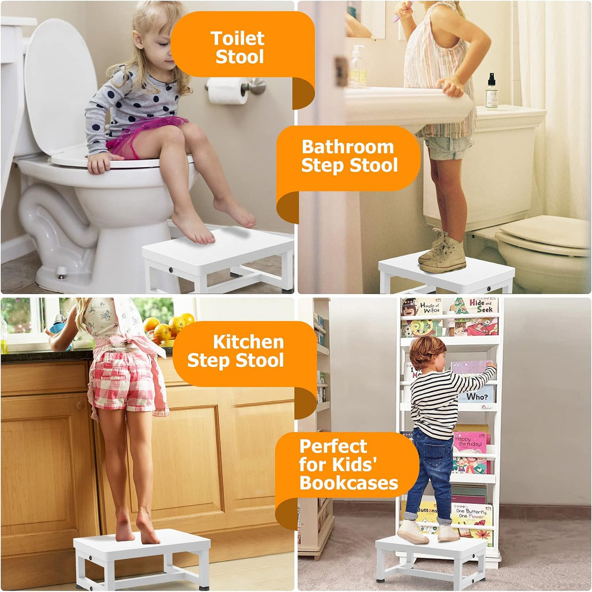 Wooden Step Stools for Adults Kids with Non-Slip Rubber Feet, Heavy Duty Stepping Stools with 500-LBS Capacity for Bedroom Kitchen Bathroom, Bed Steps for High Beds, Easy to Assemble, Rustic Brown