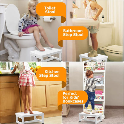 Wooden Step Stools for Adults Kids with Non-Slip Rubber Feet, Heavy Duty Stepping Stools with 500-LBS Capacity for Bedroom Kitchen Bathroom, Bed Steps for High Beds, Easy to Assemble, Rustic Brown