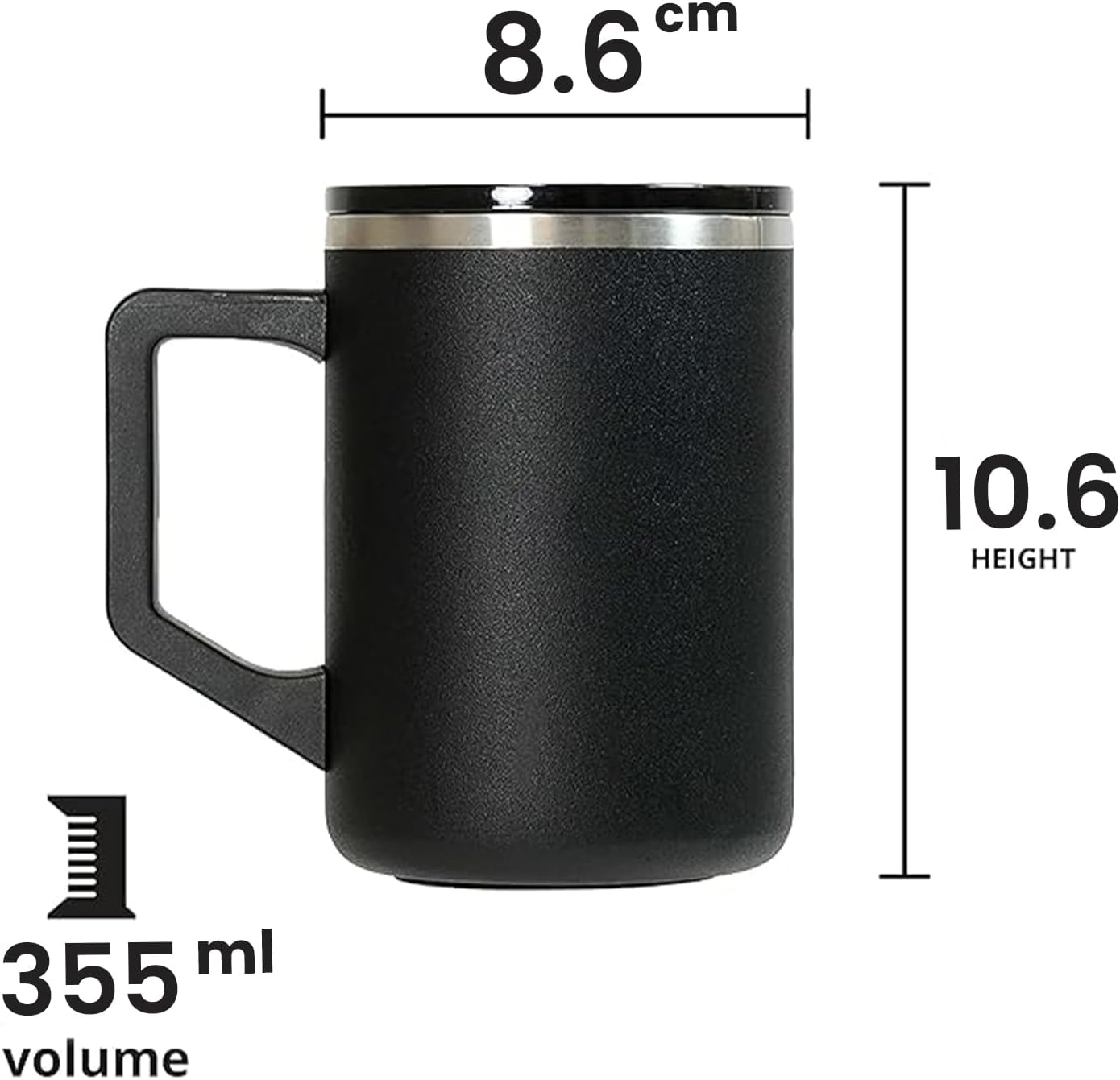 Insulated Coffee Mug - Triple-Wall Stainless Steel Summit Travel Cup for Hot and Cold Drinks - Thermal Coffee Mug with Lid and Handle for Camping, Office & Travel 12oz - Black