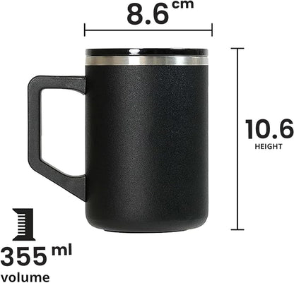 Insulated Coffee Mug - Triple-Wall Stainless Steel Summit Travel Cup for Hot and Cold Drinks - Thermal Coffee Mug with Lid and Handle for Camping, Office & Travel 12oz - Black