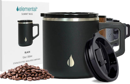 Insulated Coffee Mug - Triple-Wall Stainless Steel Summit Travel Cup for Hot and Cold Drinks - Thermal Coffee Mug with Lid and Handle for Camping, Office & Travel 12oz - Black