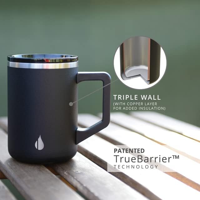 Insulated Coffee Mug - Triple-Wall Stainless Steel Summit Travel Cup for Hot and Cold Drinks - Thermal Coffee Mug with Lid and Handle for Camping, Office & Travel 12oz - Black