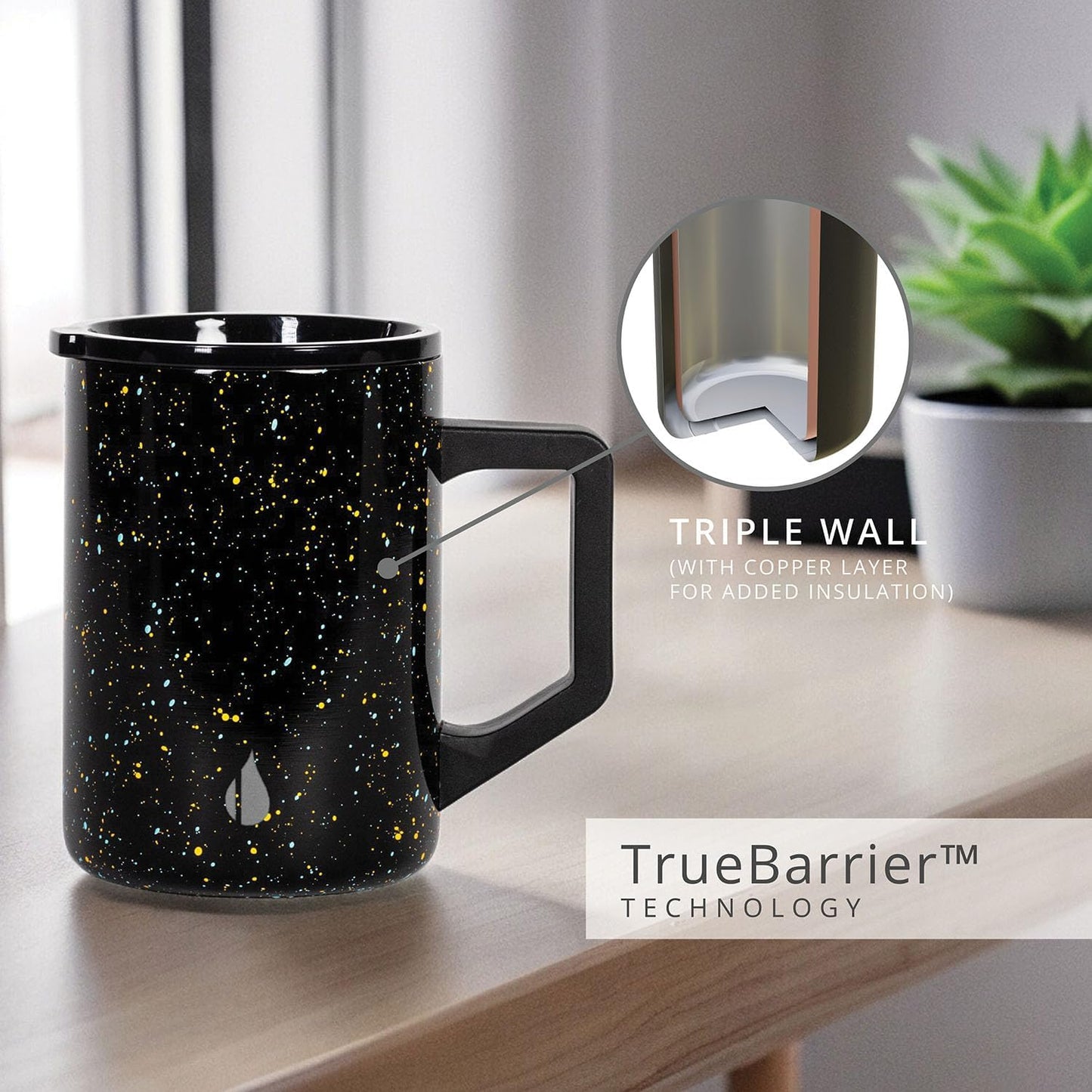 Insulated Coffee Mug - Triple-Wall Stainless Steel Summit Travel Cup for Hot and Cold Drinks - Thermal Coffee Mug with Lid and Handle for Camping, Office & Travel 12oz - Black