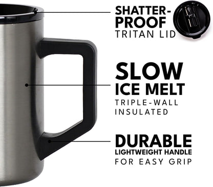 Insulated Coffee Mug - Triple-Wall Stainless Steel Summit Travel Cup for Hot and Cold Drinks - Thermal Coffee Mug with Lid and Handle for Camping, Office & Travel 12oz - Black