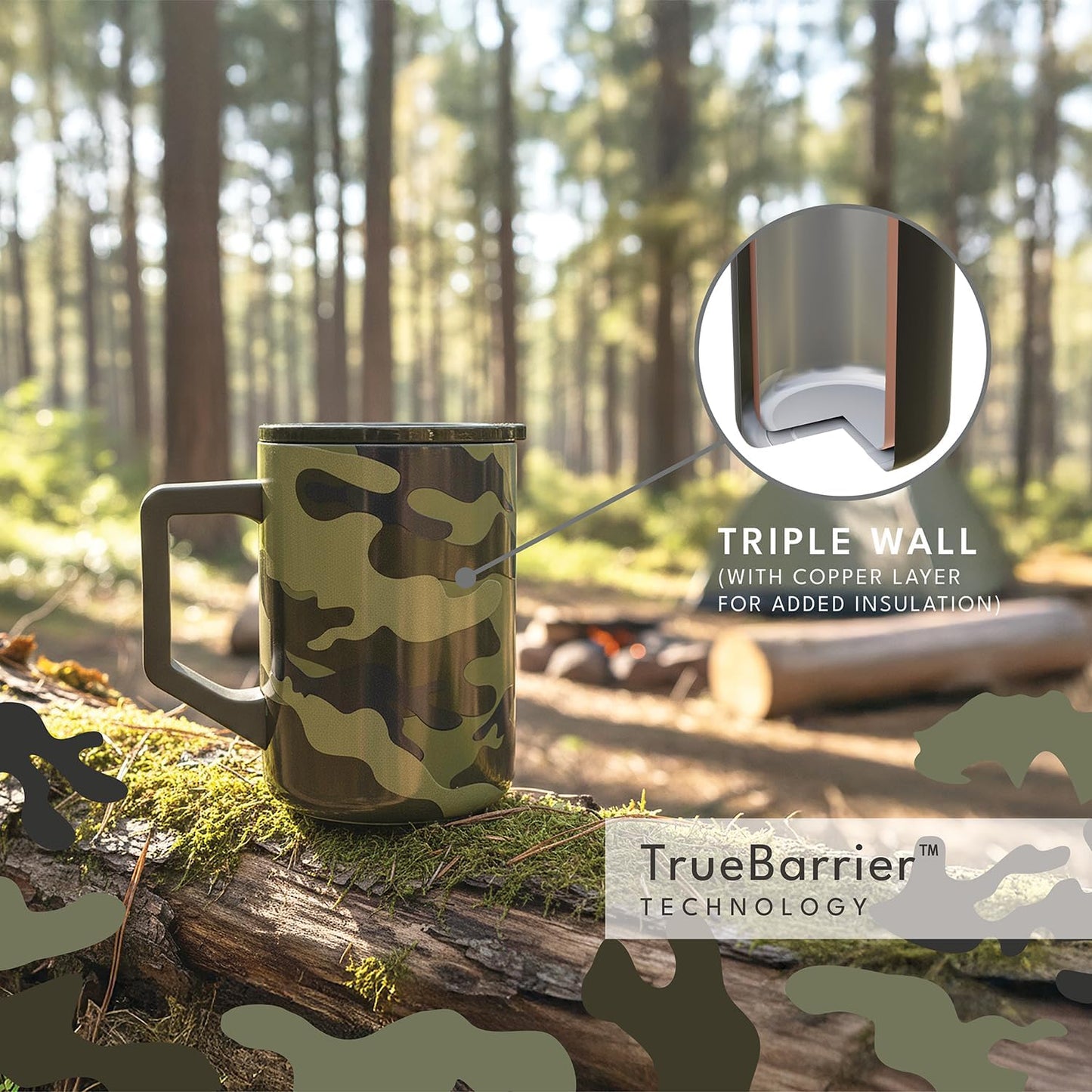 Insulated Coffee Mug - Triple-Wall Stainless Steel Summit Travel Cup for Hot and Cold Drinks - Thermal Coffee Mug with Lid and Handle for Camping, Office & Travel 12oz - Black