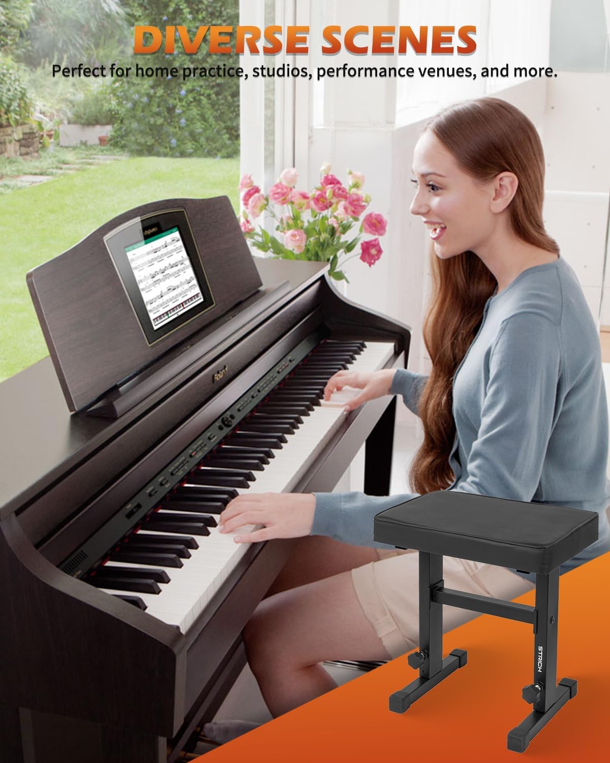 Piano Bench Adjustable Stool, Music Keyboard Bench Seat, Piano Stool Chair with Padded Cushion for Musicians, Black, SPB-M50 (PU Leather)