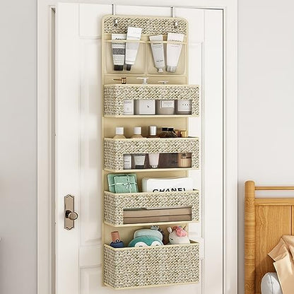 2-Piece Set 5-Tier Over The Door Hanging Storage Organizer, 4 Large Clear Plastic Storage Pockets, Beige Large Capacity Door Storage Organizer for Closet, Bedroom, Nursery & Bathroom