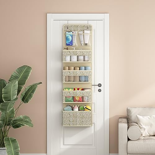 2-Piece Set 5-Tier Over The Door Hanging Storage Organizer, 4 Large Clear Plastic Storage Pockets, Beige Large Capacity Door Storage Organizer for Closet, Bedroom, Nursery & Bathroom