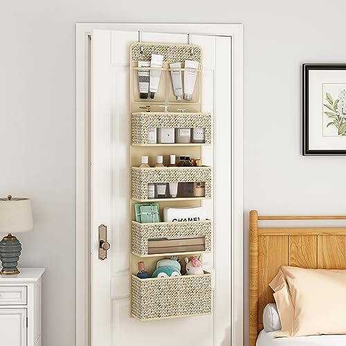 2-Piece Set 5-Tier Over The Door Hanging Storage Organizer, 4 Large Clear Plastic Storage Pockets, Beige Large Capacity Door Storage Organizer for Closet, Bedroom, Nursery & Bathroom