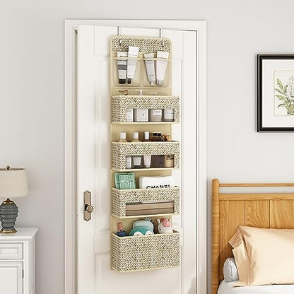 2-Piece Set 5-Tier Over The Door Hanging Storage Organizer, 4 Large Clear Plastic Storage Pockets, Beige Large Capacity Door Storage Organizer for Closet, Bedroom, Nursery & Bathroom