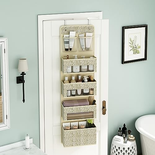 2-Piece Set 5-Tier Over The Door Hanging Storage Organizer, 4 Large Clear Plastic Storage Pockets, Beige Large Capacity Door Storage Organizer for Closet, Bedroom, Nursery & Bathroom