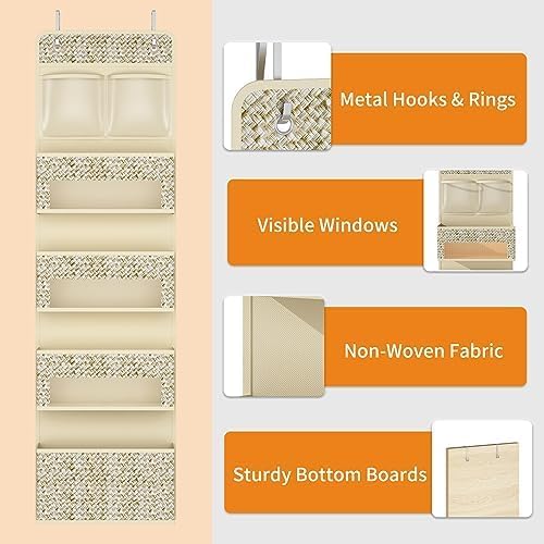 2-Piece Set 5-Tier Over The Door Hanging Storage Organizer, 4 Large Clear Plastic Storage Pockets, Beige Large Capacity Door Storage Organizer for Closet, Bedroom, Nursery & Bathroom