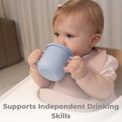 Silicone 4-in-1 Training Cup for Babies, Snack Cup & Sippy Cup with Straw, Spill Resistant Toddler Cup, BPA-Free Food Grade Silicone, Microwave & Dishwasher Safe, Dusty Blue, 6M+