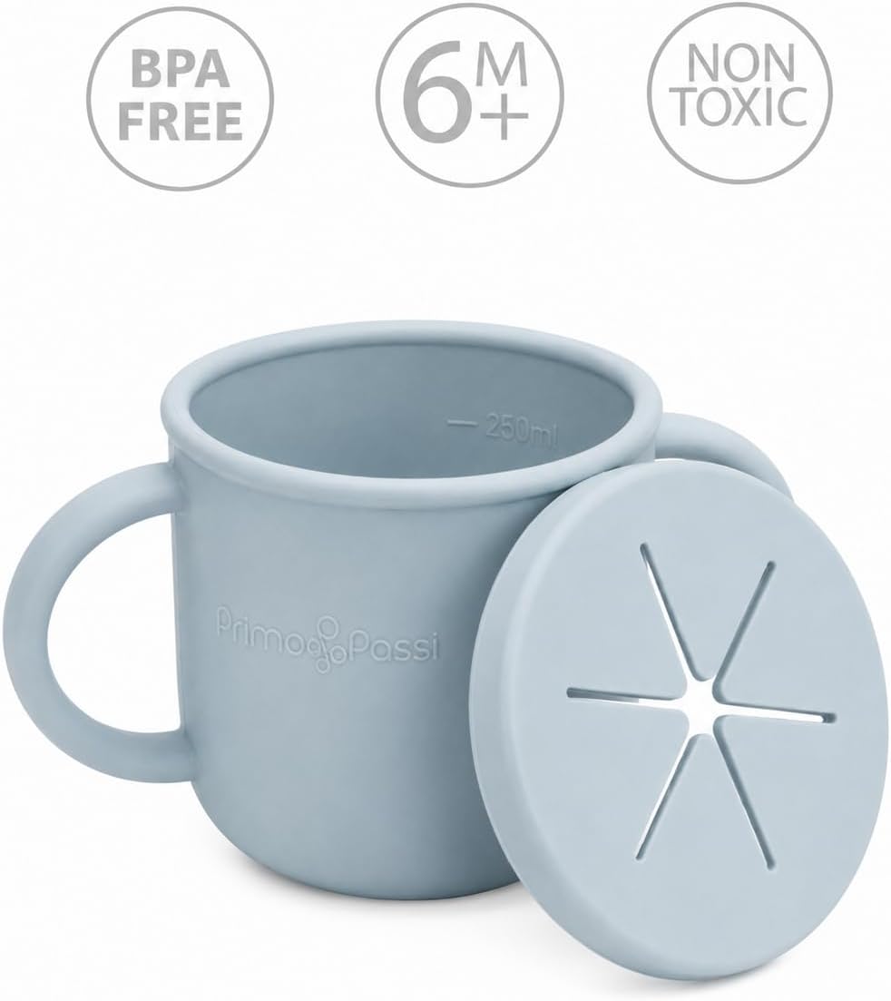 Silicone 4-in-1 Training Cup for Babies, Snack Cup & Sippy Cup with Straw, Spill Resistant Toddler Cup, BPA-Free Food Grade Silicone, Microwave & Dishwasher Safe, Dusty Blue, 6M+