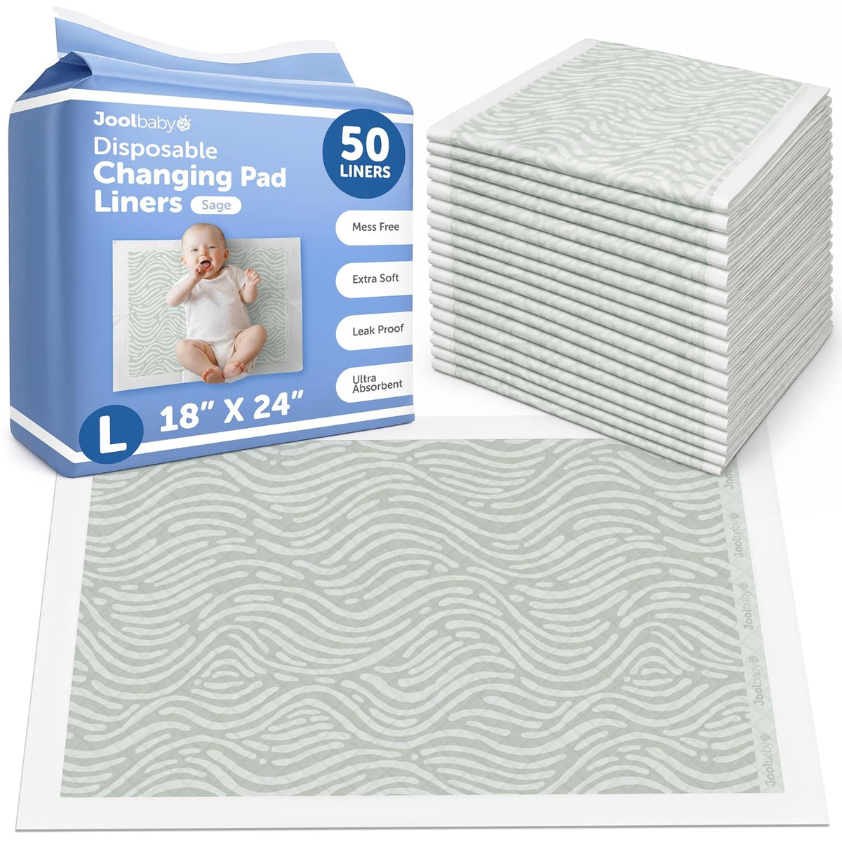 Disposable Changing Pad Liners, Ultra-Absorbent - 50 Count (Sage)