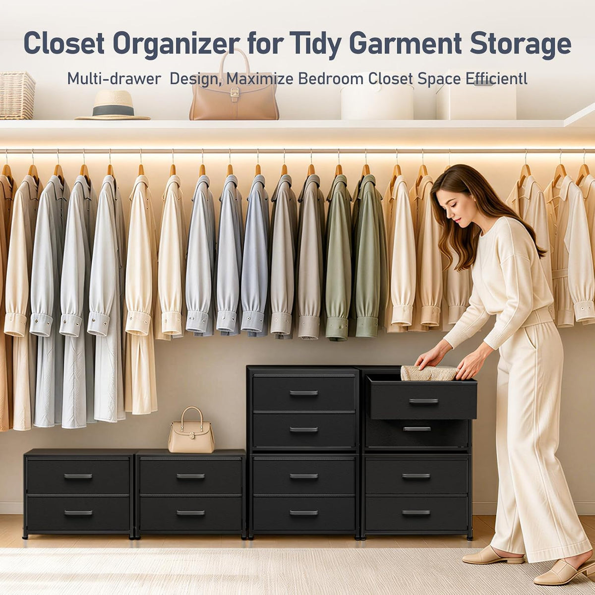 Dresser for Bedroom - Stackable Storage Drawers for Clothes with 2 Drawers, Small Dresser for Closet Storage, Fabric Storage Tower Organizer Unit for Living Room, Entryway, Office（White）
