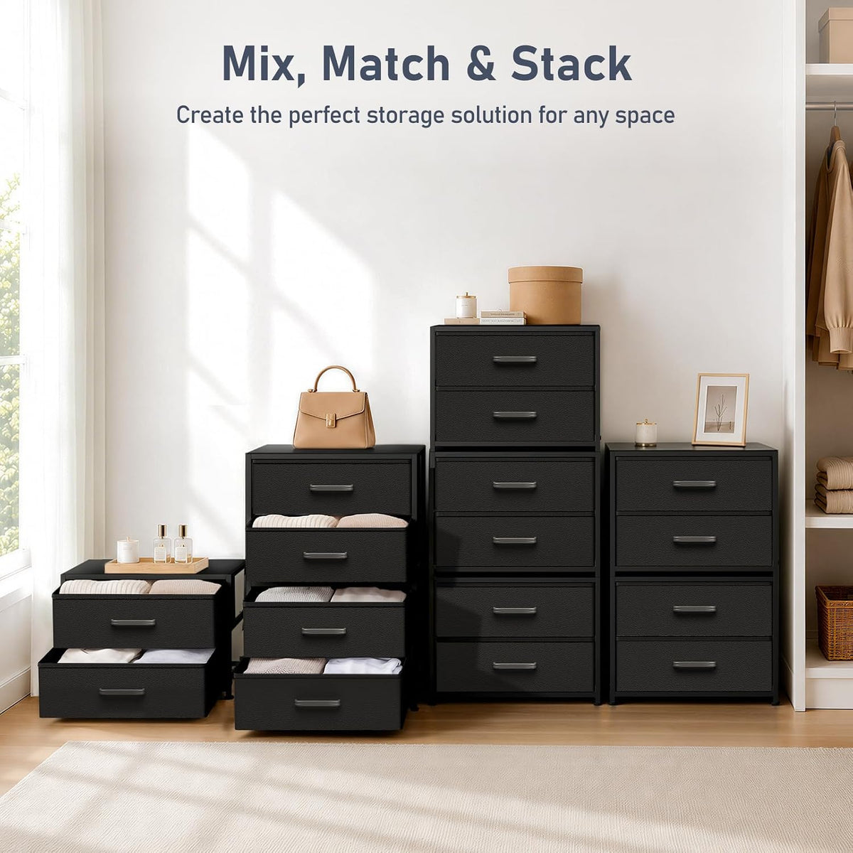 Dresser for Bedroom - Stackable Storage Drawers for Clothes with 2 Drawers, Small Dresser for Closet Storage, Fabric Storage Tower Organizer Unit for Living Room, Entryway, Office（White）