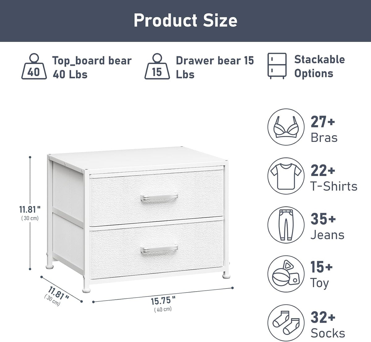 Dresser for Bedroom - Stackable Storage Drawers for Clothes with 2 Drawers, Small Dresser for Closet Storage, Fabric Storage Tower Organizer Unit for Living Room, Entryway, Office（White）