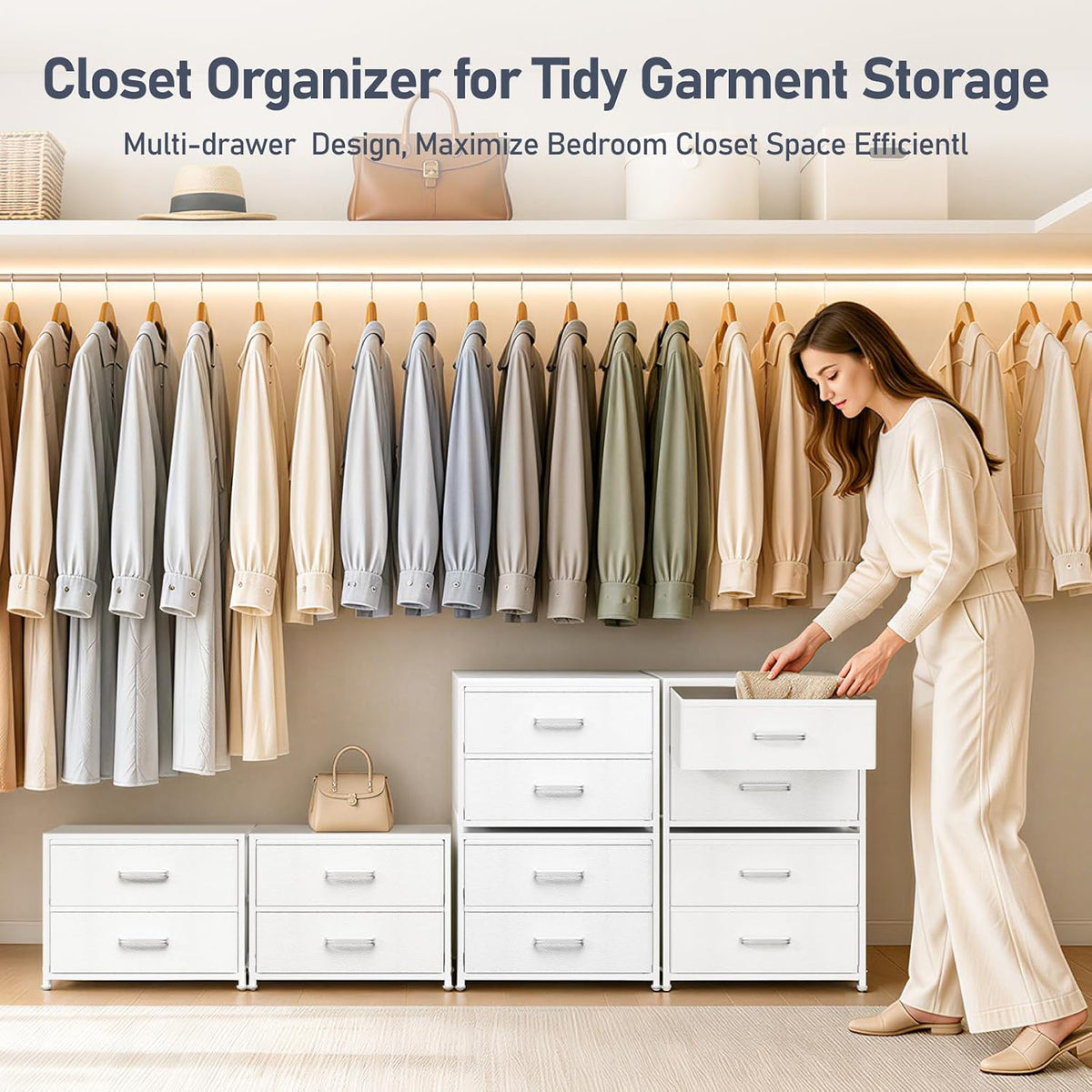 Dresser for Bedroom - Stackable Storage Drawers for Clothes with 2 Drawers, Small Dresser for Closet Storage, Fabric Storage Tower Organizer Unit for Living Room, Entryway, Office（White）