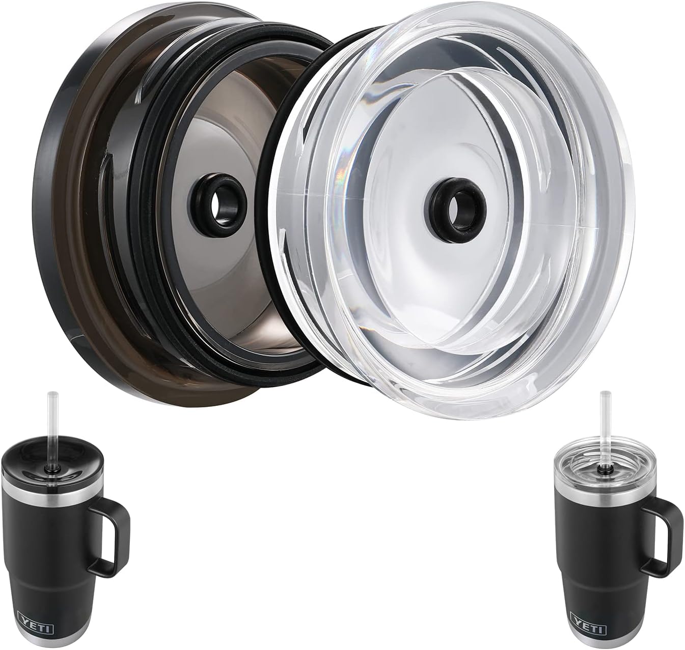 2pack Screw-on Straw Lid, Fit YETI Stronghold 20 oz Travel Mug ONLY, Black+Clear