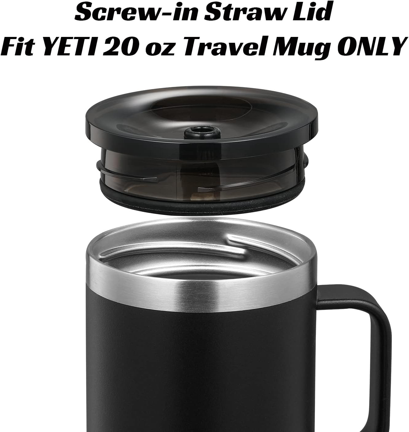 2pack Screw-on Straw Lid, Fit YETI Stronghold 20 oz Travel Mug ONLY, Black+Clear