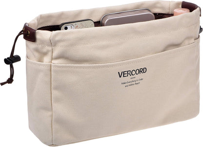 Canvas Handbag Organizers, Sturdy Purse Insert Organizer Bag in Bag, 10 Pockets Color Beige Large