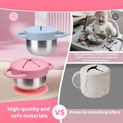 Toddler Snack Cups Stainless Steel for Kids, 2 Pack 5-in-1 Snackle Containers with Spill-Proof Silicone Lids,Handles,Suction Base,Anti-Loss Tether, Baby Snack Box No-Spill for On-the-Go,Travel