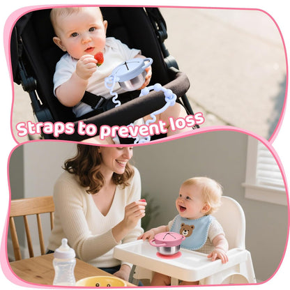 Toddler Snack Cups Stainless Steel for Kids, 2 Pack 5-in-1 Snackle Containers with Spill-Proof Silicone Lids,Handles,Suction Base,Anti-Loss Tether, Baby Snack Box No-Spill for On-the-Go,Travel