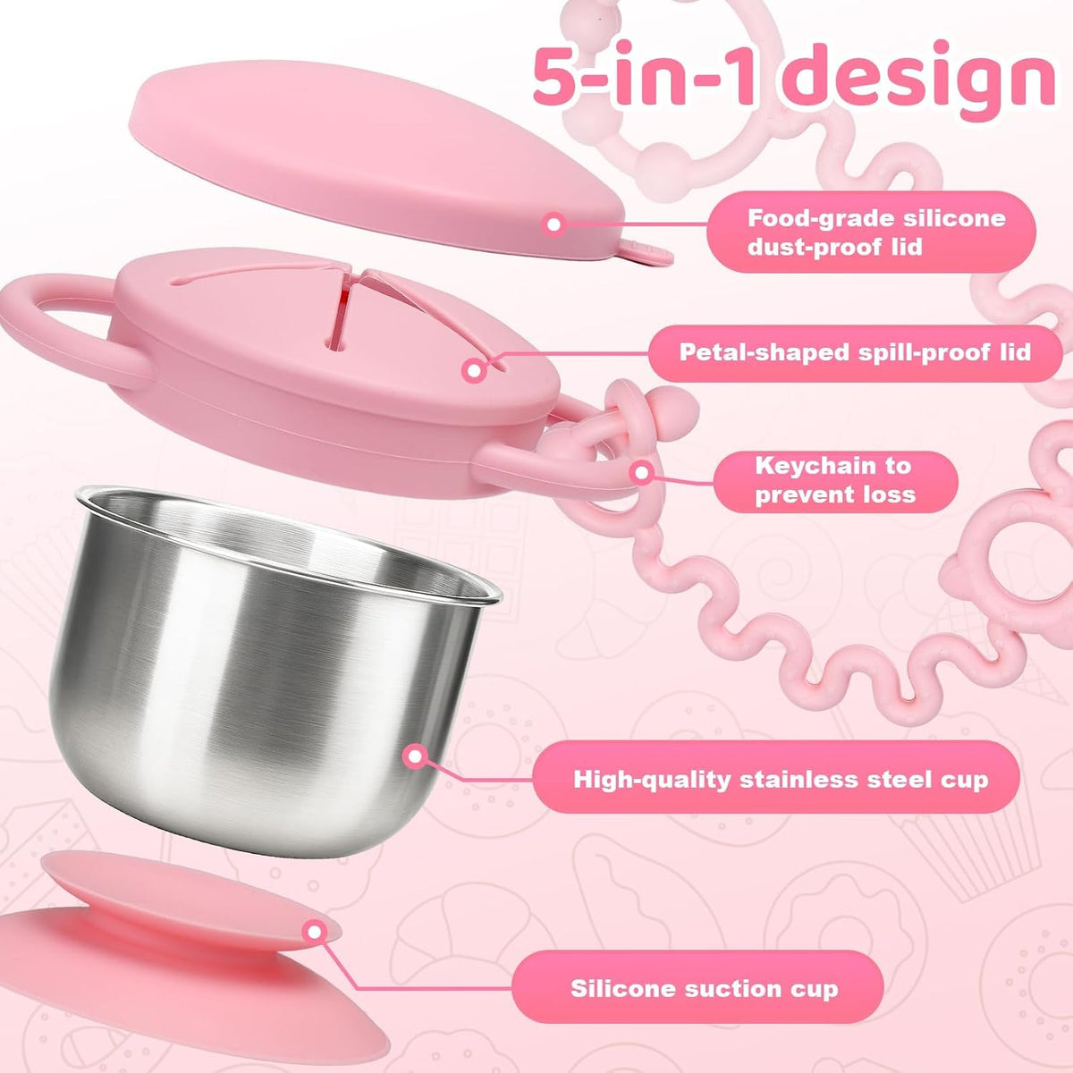 Toddler Snack Cups Stainless Steel for Kids, 2 Pack 5-in-1 Snackle Containers with Spill-Proof Silicone Lids,Handles,Suction Base,Anti-Loss Tether, Baby Snack Box No-Spill for On-the-Go,Travel