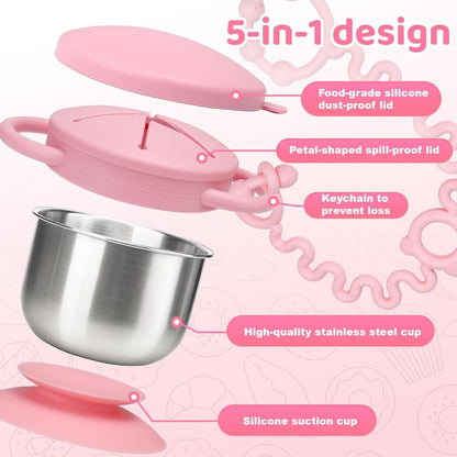 Toddler Snack Cups Stainless Steel for Kids, 2 Pack 5-in-1 Snackle Containers with Spill-Proof Silicone Lids,Handles,Suction Base,Anti-Loss Tether, Baby Snack Box No-Spill for On-the-Go,Travel