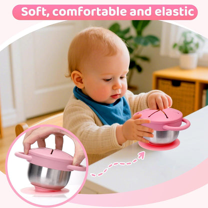 Toddler Snack Cups Stainless Steel for Kids, 2 Pack 5-in-1 Snackle Containers with Spill-Proof Silicone Lids,Handles,Suction Base,Anti-Loss Tether, Baby Snack Box No-Spill for On-the-Go,Travel