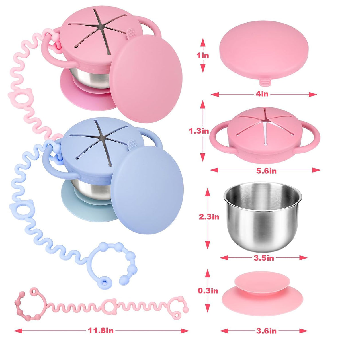 Toddler Snack Cups Stainless Steel for Kids, 2 Pack 5-in-1 Snackle Containers with Spill-Proof Silicone Lids,Handles,Suction Base,Anti-Loss Tether, Baby Snack Box No-Spill for On-the-Go,Travel