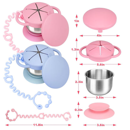 Toddler Snack Cups Stainless Steel for Kids, 2 Pack 5-in-1 Snackle Containers with Spill-Proof Silicone Lids,Handles,Suction Base,Anti-Loss Tether, Baby Snack Box No-Spill for On-the-Go,Travel