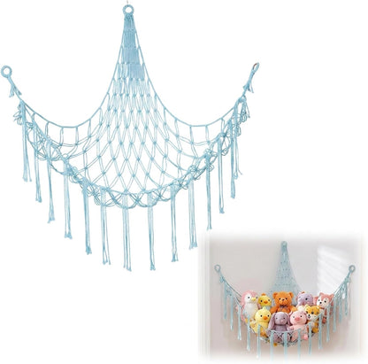 Stuffed Animal Storage Hammock Net Large Corner Net for Stuffed Animals Boho Hanging Plushie Organizer Holder for Home, Room, Wall, Bedroom Decor and Space Saver, Gray, 39" x 39" x 59"