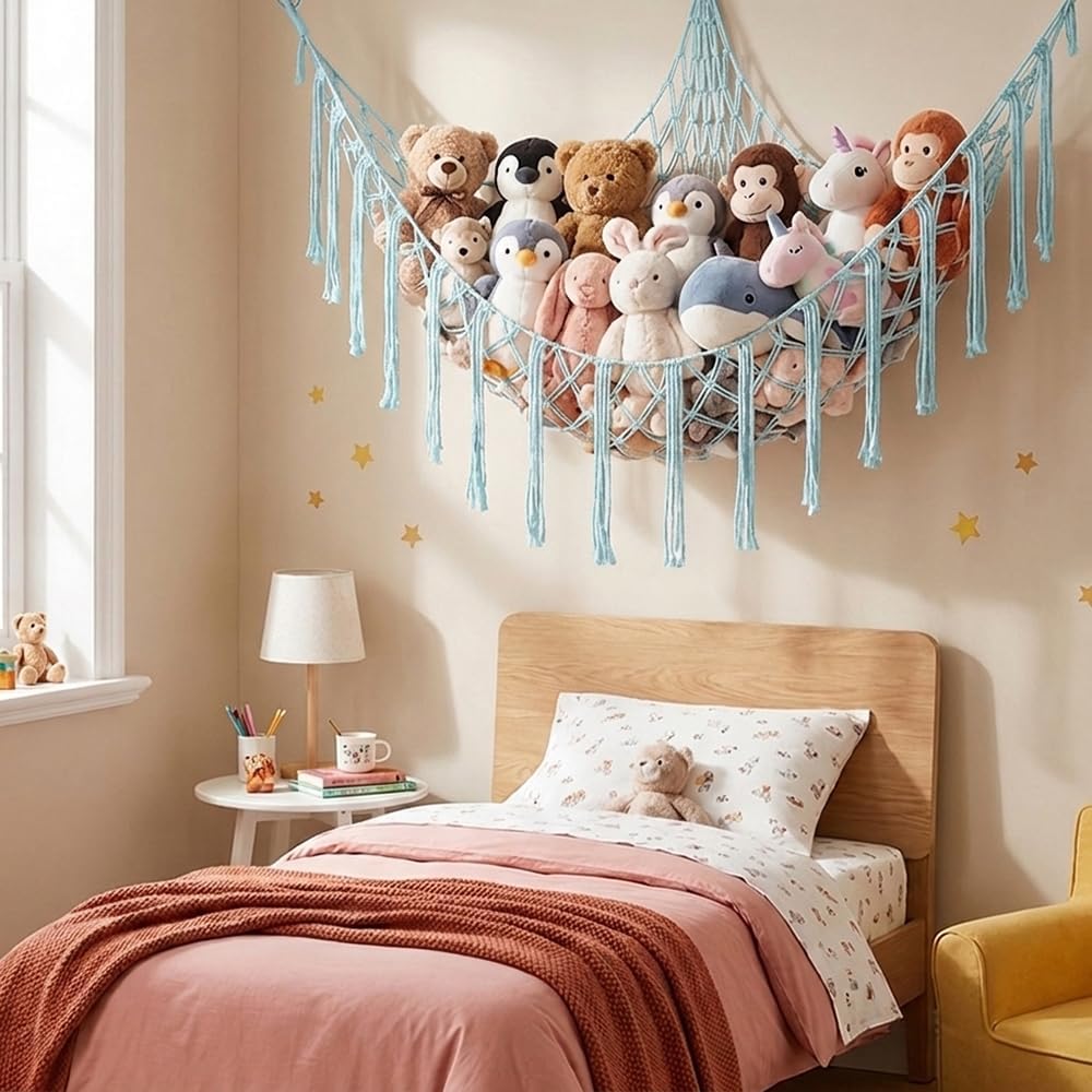 Stuffed Animal Storage Hammock Net Large Corner Net for Stuffed Animals Boho Hanging Plushie Organizer Holder for Home, Room, Wall, Bedroom Decor and Space Saver, Gray, 39" x 39" x 59"