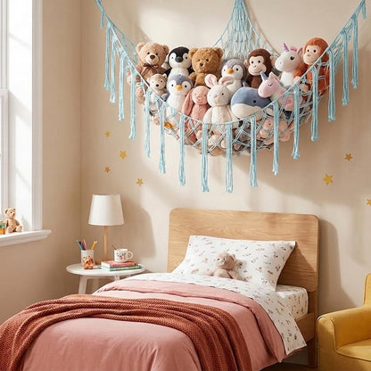 Stuffed Animal Storage Hammock Net Large Corner Net for Stuffed Animals Boho Hanging Plushie Organizer Holder for Home, Room, Wall, Bedroom Decor and Space Saver, Gray, 39" x 39" x 59"