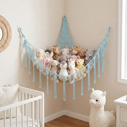Stuffed Animal Storage Hammock Net Large Corner Net for Stuffed Animals Boho Hanging Plushie Organizer Holder for Home, Room, Wall, Bedroom Decor and Space Saver, Gray, 39" x 39" x 59"