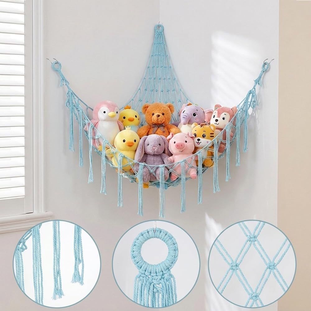 Stuffed Animal Storage Hammock Net Large Corner Net for Stuffed Animals Boho Hanging Plushie Organizer Holder for Home, Room, Wall, Bedroom Decor and Space Saver, Gray, 39" x 39" x 59"