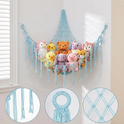 Stuffed Animal Storage Hammock Net Large Corner Net for Stuffed Animals Boho Hanging Plushie Organizer Holder for Home, Room, Wall, Bedroom Decor and Space Saver, Gray, 39" x 39" x 59"