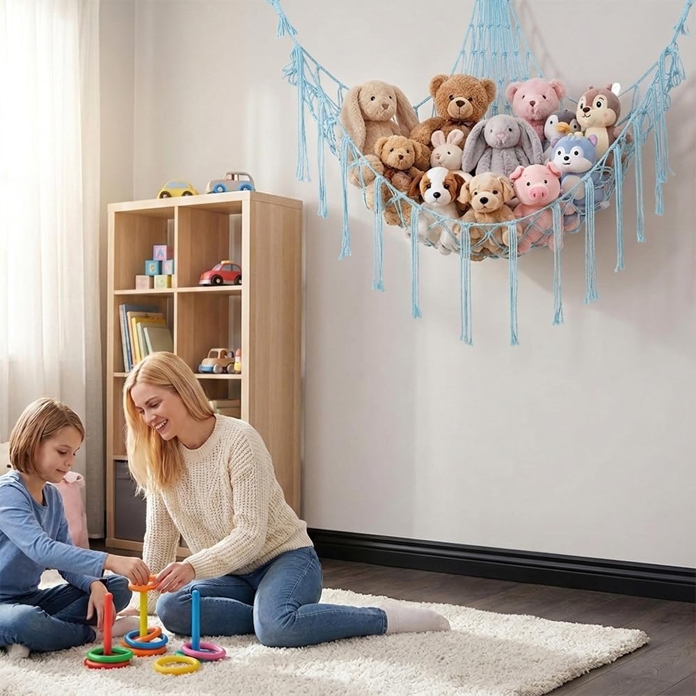 Stuffed Animal Storage Hammock Net Large Corner Net for Stuffed Animals Boho Hanging Plushie Organizer Holder for Home, Room, Wall, Bedroom Decor and Space Saver, Gray, 39" x 39" x 59"