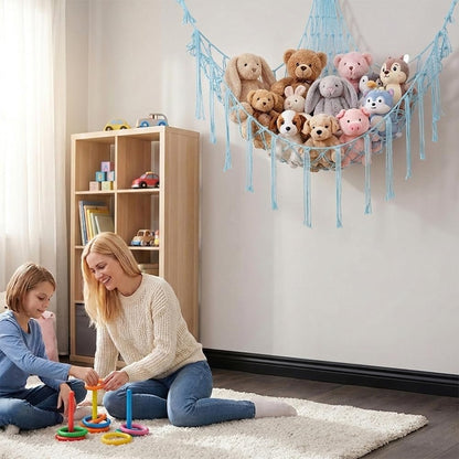 Stuffed Animal Storage Hammock Net Large Corner Net for Stuffed Animals Boho Hanging Plushie Organizer Holder for Home, Room, Wall, Bedroom Decor and Space Saver, Gray, 39" x 39" x 59"