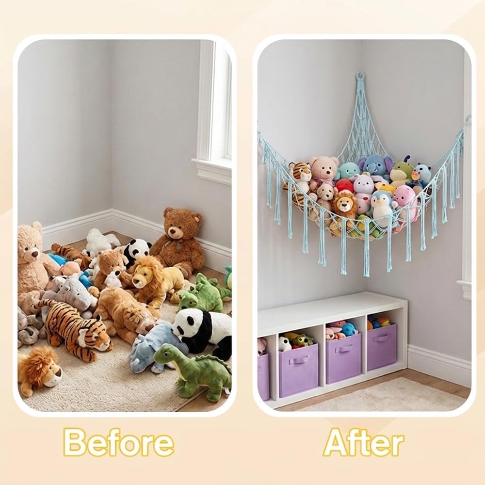 Stuffed Animal Storage Hammock Net Large Corner Net for Stuffed Animals Boho Hanging Plushie Organizer Holder for Home, Room, Wall, Bedroom Decor and Space Saver, Gray, 39" x 39" x 59"