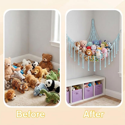 Stuffed Animal Storage Hammock Net Large Corner Net for Stuffed Animals Boho Hanging Plushie Organizer Holder for Home, Room, Wall, Bedroom Decor and Space Saver, Gray, 39" x 39" x 59"