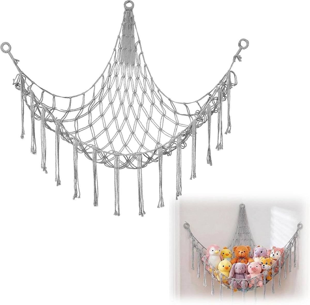 Stuffed Animal Storage Hammock Net Large Corner Net for Stuffed Animals Boho Hanging Plushie Organizer Holder for Home, Room, Wall, Bedroom Decor and Space Saver, Gray, 39" x 39" x 59"