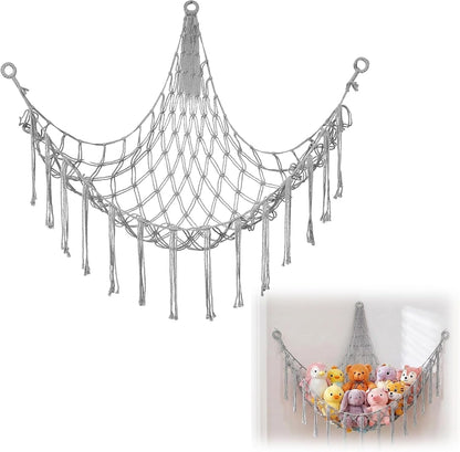 Stuffed Animal Storage Hammock Net Large Corner Net for Stuffed Animals Boho Hanging Plushie Organizer Holder for Home, Room, Wall, Bedroom Decor and Space Saver, Gray, 39" x 39" x 59"
